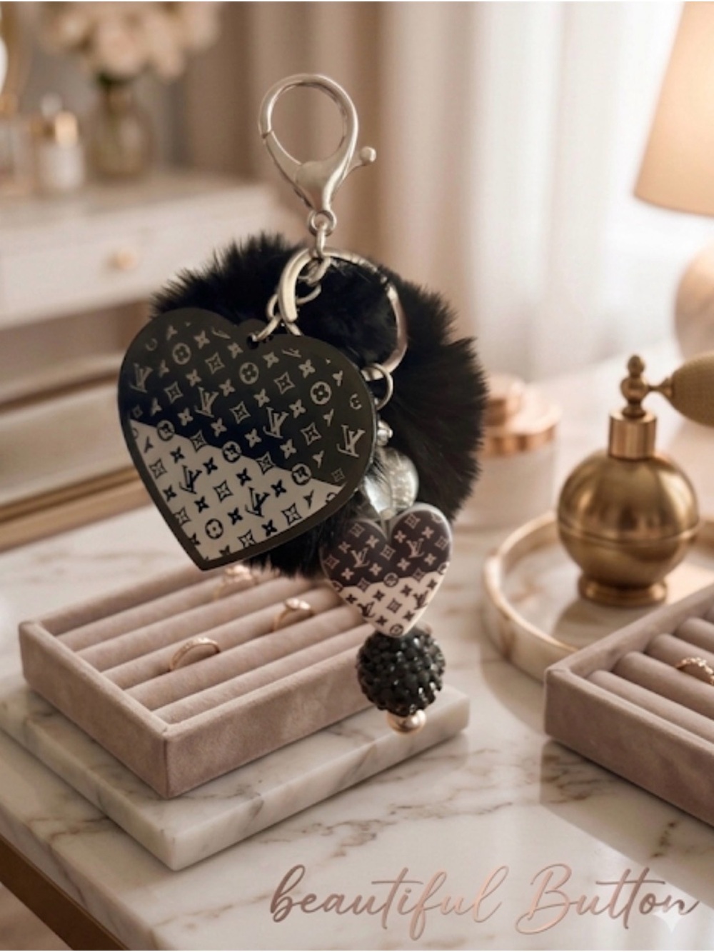 Custom Heart Pom Keychain Charm in Black
